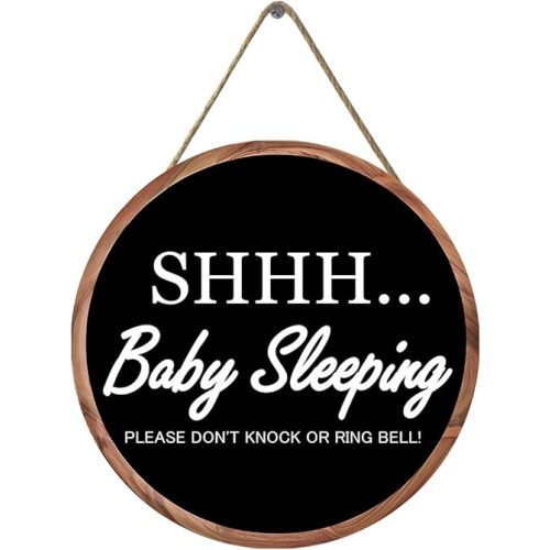 TOMATO FANQIE Baby Sleeping Sign Wood Door Hanger for Outdoor Porch Decor, 12" X 12", Rustic Wooden Wreath Wall Hanging (SHHH 12")