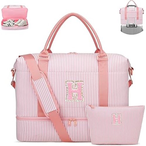 Girls Overnight Weekender Duffle Bag with Shoe Compartment Striped Travel Carry On Teenager Girl Gifts Dance Cheer Gym Bag Personalized Birthday Gifts for Teenage Kids Women (Pink-H)