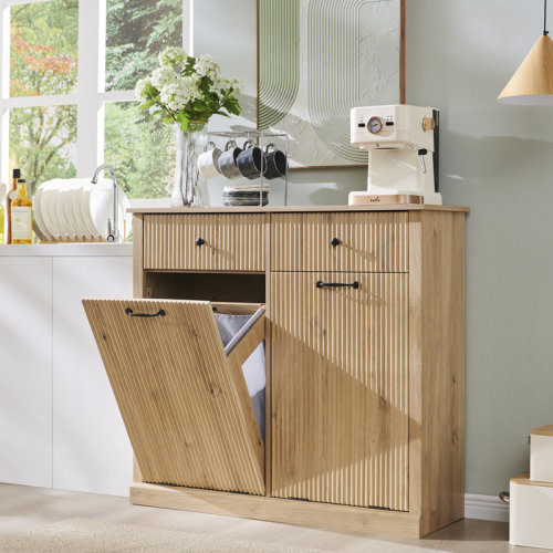 Modern Double Tilt-Out Trash Cabinet, 20 Gallon Fluted Laundry Hamper Cabinet with 2 Drawers, Wooden Hidden Garbage Can Cabinet with Storage Basket, Free Standing for Kitchen & Living Room | Wayfair