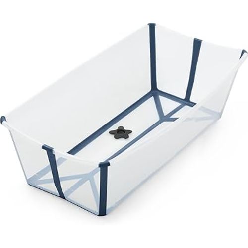 Stokke Flexi Bath X-Large, Transparent Blue - Spacious Foldable Baby Bathtub - Lightweight & Easy to Store - Convenient to Use at Home or Traveling - Best for Ages 0-6