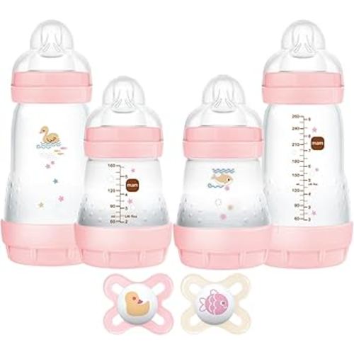 MAM Feed & Soothe Feeding Set, Newborn Essentials Must Have for 0-3 Months, Including 6 Pieces, Anti-Colic Baby Bottle Self-Sterilizing, Skinsoft Silicone Pacifiers, Baby Gift, Girl