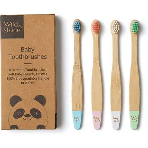 Wild & Stone Organic Baby Bamboo Toothbrushes | 4 Pack | Soft Bristles | 100% Compostable Handle | BPA Free | Vegan Baby Toothbrushes (Multicolour)