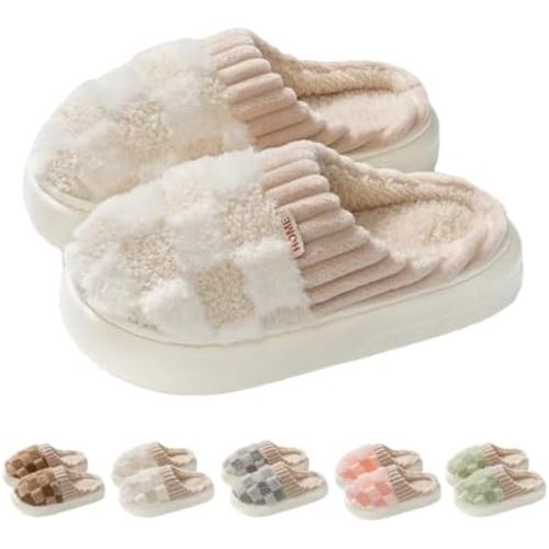 Checkered Slipper House Slippers for Women Men Plush Warm Fuzzy Slippers Flyffy Bedroom Shoes Indoor Slip On