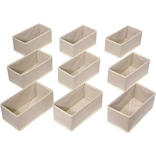 DIOMMELL 9 Pack Foldable Cloth Storage Box Closet Dresser Drawer Organizer Fabric Baskets Bins Containers Divider for Clothes Underwear Bras Socks Lingerie Clothing,Beige 090