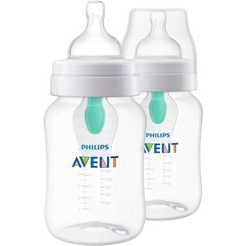 Philips Avent Anti-Colic Baby Bottle with AirFree Vent, 9oz, with Flow 2 Nipples, 1m+, 2pk, Clear, SCY703/02