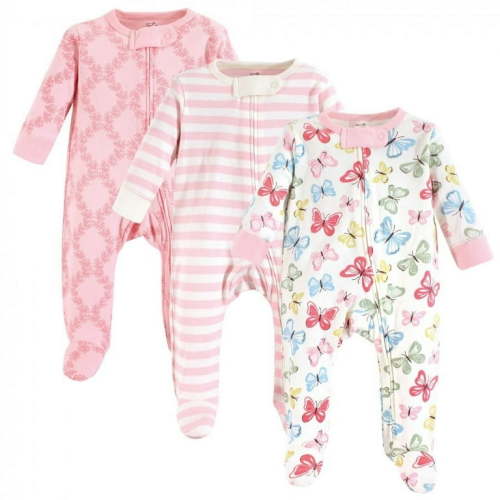 Touched by Nature Baby Girl Organic Cotton Zipper Sleep and Play 3pk, Butterflies, 3-6 Months