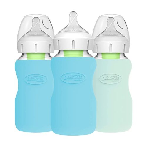 Dr. Brown’s Natural Flow® Anti-Colic Options+™ Wide-Neck Glass Baby Bottles 9 oz/270 mL, with Level 1 Slow Flow Nipple, 3 Pack with Blue & Mint 100% Silicone Sleeves, 0m+