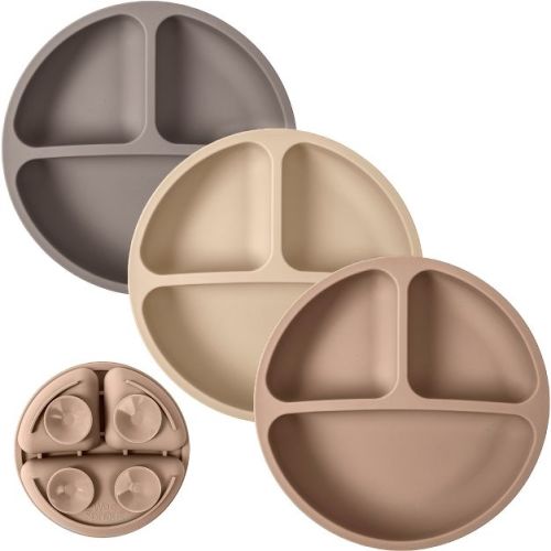WeeSprout Suction Plates for Babies & Toddlers 100% Silicone Divided Design - No Lids, 3 Pack (Matte Dark Grey, Off White & Tan)