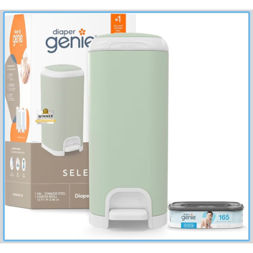 Diaper Genie Select Pail (Green) is Made of Durable Stainless Steel and Includes 1 Starter Square Refill That can Hold up to 165 Newborn-Sized Diapers.