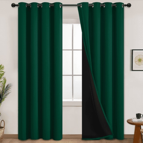 Yakamok 100% Blackout Curtain for Bedroom,Thermal Insulated Drapes with Black Liner Full Room Darkening Energy Efficiency Window Curtains for Living Room(52Wx84L,Dark Green, 2 Panels)