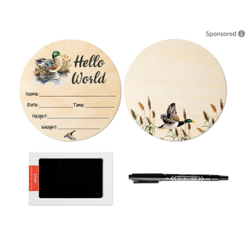 R HORSE Baby Birth Announcement Sign with Marker Pen, Mallard Duck Baby Name Sign with Ink Pad for Hand and Footprints, Wooden Hello World Newborn Announcement Nursery Decor Keepsake Gifts