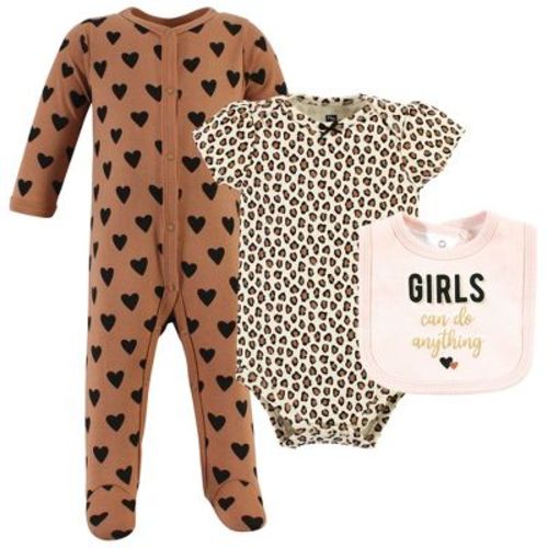 Hudson Baby Infant Girl Cotton Sleep and Play, Bodysuit and Bandana Bib Set, Cinnamon Hearts, Newborn
