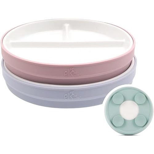 Elk and Friends Kids 7.8” Porcelain Divided Plates with Silicone Suction Sleeves | Suitable for Kids/Toddlers | Microwave & Dishwasher Safe | Non Slip | Snack Dishes