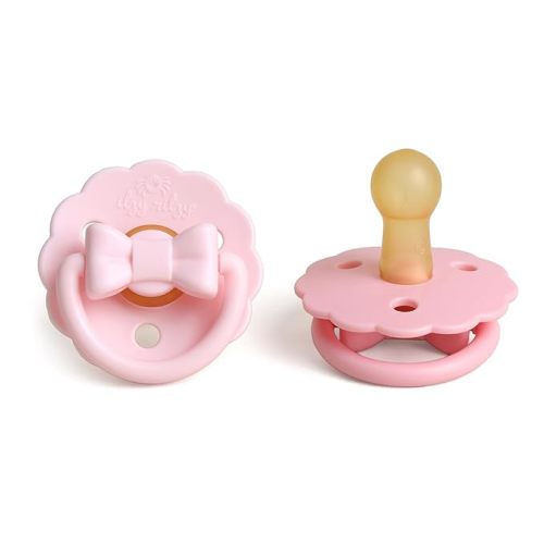 Itzy Ritzy Natural Rubber Pacifiers – Baby Pacifiers with Cherry-Shaped Nipple & Large Air Holes for Added Safety - Set of 2 Binkies in Light & Dark Pink Bows (Ages 0 – 6 Months)