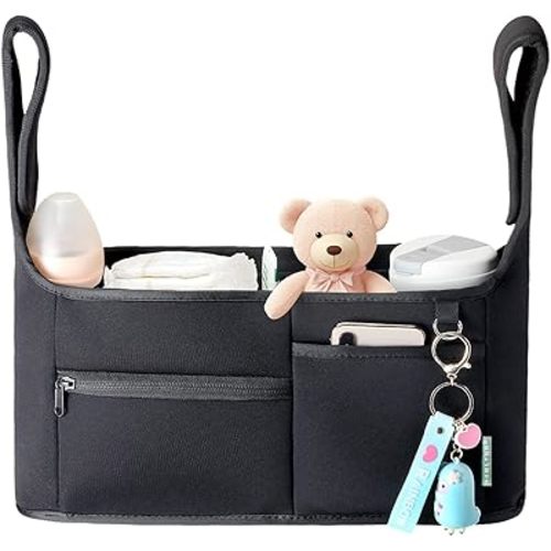 Stroller Organizer, New Fabric Design, Holds 2 Cup Holders for Baby Products, Multiple Pockets for Storing Diapers and Toys, Suitable for All Off-Road Models