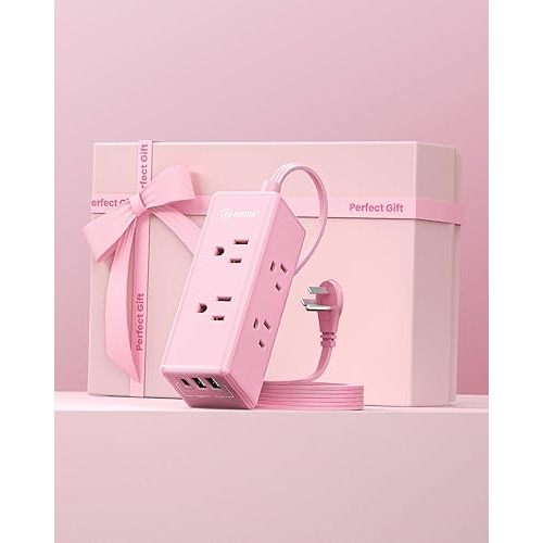 Pink Power Strip,HONIZER 1080J Surge Protector Power Strip with 6ft Pink Extension Cord,6 Outlets & 3 USB Ports (1 USB-C), Cute,Wall Mount for Home Office Dorm Desk Accessories, Blush Boost