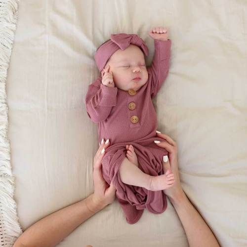 Boysenberry Bamboo Waffle Newborn Baby Knot Gown & Hat Set