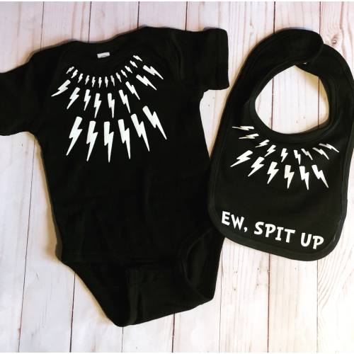 Cute Baby Sprinkle Baby Gifts-Matching Black Lightning Bolt Design Bodysuit and Baby Bib, Cute Baby Shower Gift