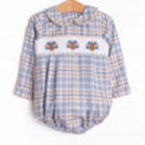 Autumn Bird Blessing Smocked Boy Bubble, Blue and Tan Plaid – Stitchy Fish
