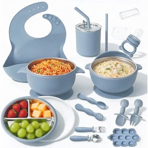17PCS Stainless Steel Baby Feeding Set with Suction, Blue