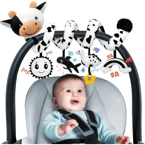 Spiral Car Seat Baby Toys 0-6 Months, Infant Carseat High Contrast Sensory Toys Hanging Stroller Accessories, Newborn Gifts for Baby Boys Girls Essentials, Cute Black and White Cow