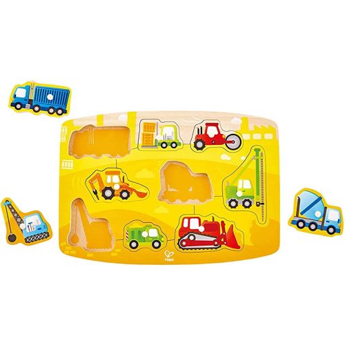 Hape Construction Peg Puzzle| 10 Piece Wooden Peg Jigsaw Puzzle Game, Learning Toy for Toddlers Multicolor, 5'' x 2''