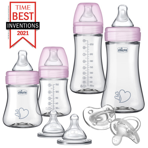 Free Shipping! Chicco Duo Newborn Hybrid Baby Bottle Gift Set with Invinci-Glass Inside/Plastic Outside - Pink