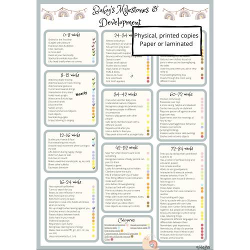 Baby milestone and development chart, printed, laminated, baby checklist, baby development by month, paediatric milestones
