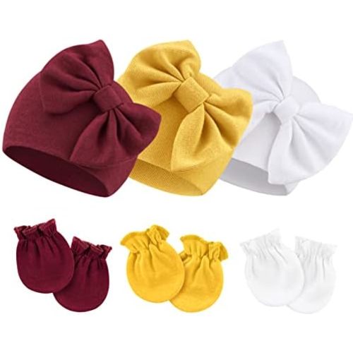 BQUBO Newborn Baby Hospital Hats Beanie Bow Infant Caps Baby Cotton No Scratch Mittens Set for 0-6 Months