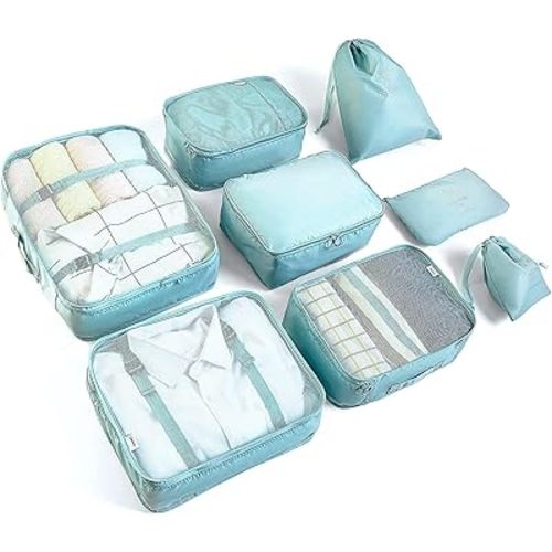 LANSKLBD 8 Set Packing Cubes for Suitcases Travel Luggage Packing Organizers,Travel Essentials Accessories Luggage Organizer with Shoe Bag Tioletry/Laundry Bag (light blue)