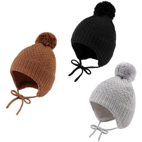 Baby Girl Winter Hats Fleece Lined Infant Beanie Hat for Boys Knitted Kids Earflap Beanis with Pompom 0-8 Years