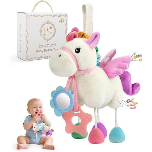 TYRY.HU Baby Stroller or Car Seat Toy,Soft Plush Stroller & Cot Hanging Toys, Rattle Sensory Developmental Activity Toy-Textured Ribbons&Crinkle Sounds&Silicone Teether, Gift for 0 3 6 9 12 Months