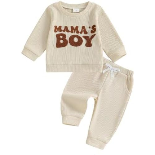 Toddler Baby Boy Fall Winter Clothes Mama's Boy Outfits Letter Waffle Knitted Sweatshirt Tops and Casual Pants Set
