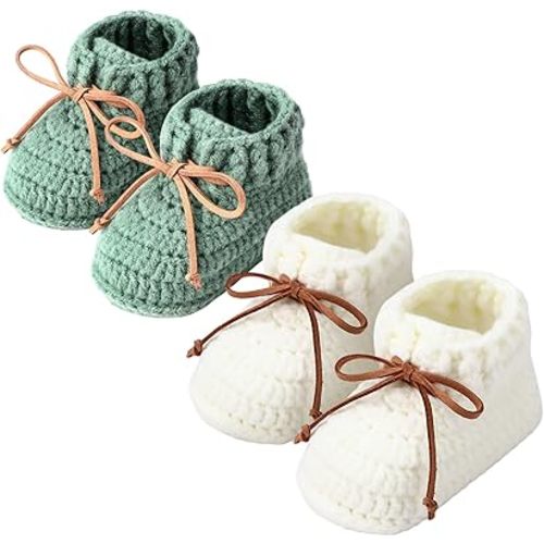 2 Pairs Knitted Baby Booties 0-6 Months Crochet Newborn Shoes First Walkers Cozy Shoes Sock for Infant Toddler Boy Girl Baby Shower Gifts
