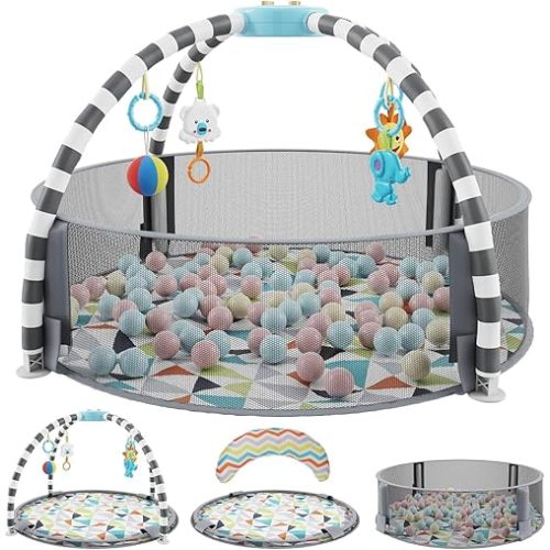 5 in 1 Baby Play Gym and Ball Pit -Playgym with 6 Toys, Balls, Tummy Pillow, Tummy Time Play Mat - Easy to Set Up Baby Activity Mat - Gym Ball Pit - Infant Playmats for Boy & Girls