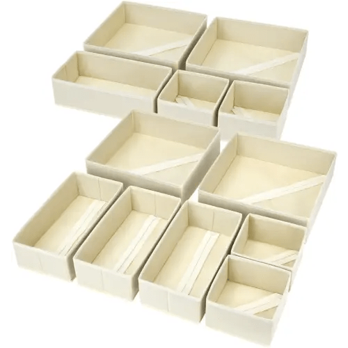 DIMJ Drawer Organizer Clothes, 12 Pack Fabric Drawer Organizer Bins, Foldable Baby Clothes Organizer & Dresser Organizer For Nursery, Clothes, Bedroom, Closet, Socks, Bra, Tie (Beige)