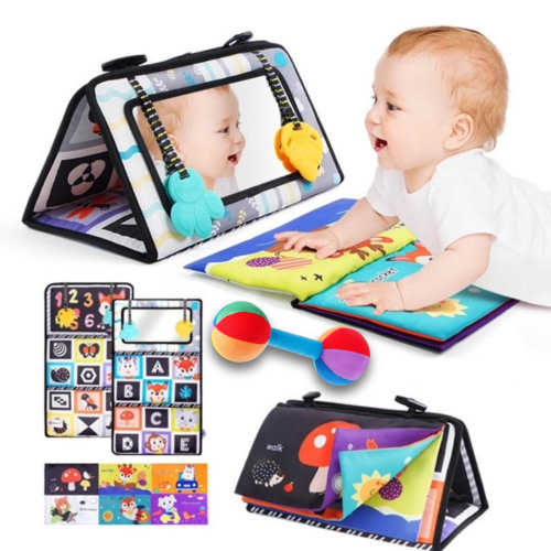 Baby Tummy Time Mirror Toddler Toy 0 3 6 12 Months Brain Development Crinkle Cloth Book Rattle Teethers Black White High Contrast Montessori