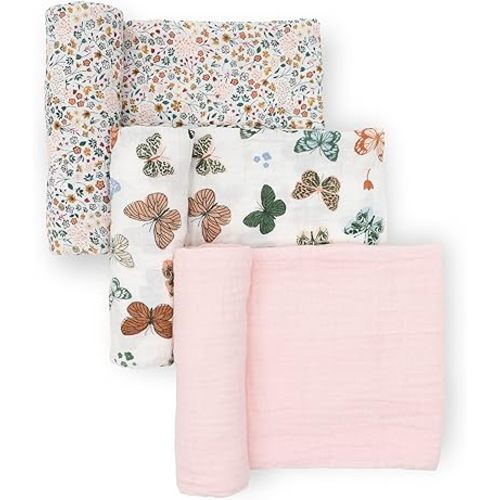 Little Unicorn Premium Muslin Swaddle Blanket 3 Pack | for swaddling, Play, Nursing & More | Giftable Set of 3 (Butterflies)