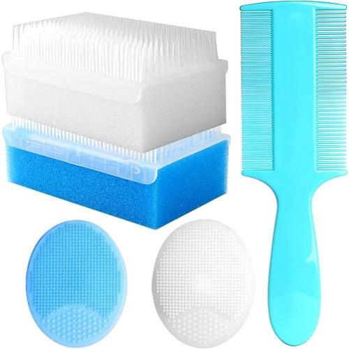 Cradle Cap Brush for Babies, Set of 5 Baby Bath Essentials with Bath Sponge Silicone Scrubber Long Handle Comb for Newborns Toddlers Boys Girls (Blue)