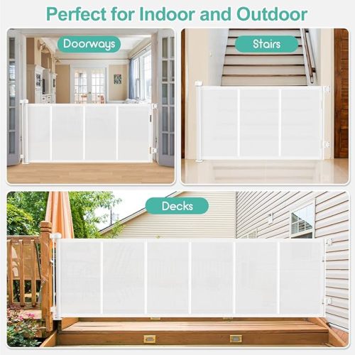 Upgrade 120 inch Retractable Baby Gates, EZIGO Extra Wide Baby Gate for Large Opening Extra Long Mesh Gate for Kids or Pet Dog Gate Child Safety Gate for Stairs Hallways Doorway Indoor Outdoor, White