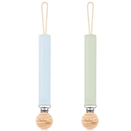 Baby Pacifier Clip, 2 Pack Fabric Pacifier Clips, Super Soft Fabric Strap with Wooden Clip, Pacifier Clips for Baby Girl & Boy (Sage/Ether)