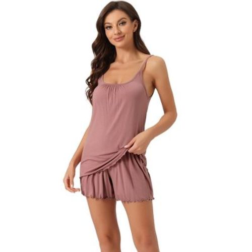 cheibear Women's Loungewear Solid Color Ruffle Trim Camisole Tops with Shorts Pajama Sets Pink Medium