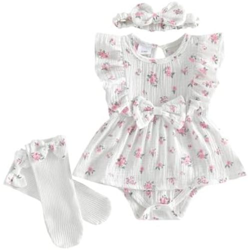 Baby Girl Summer Clothes Floral Flying Sleeve Romper Jumpsuit with Socks Bow Headband Cute Newborn Girl Outfits