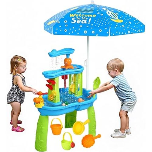 Hugut 2025 Upgraded 3-Tier Sand Water Table with Umbrella – Outdoor Backyard Sensory Activity Table for Kids, Perfect for Boys and Girls Summer Fun
