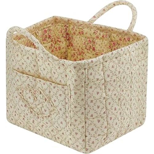 Quilted Fabric Storage Basket with Handles & Pocket, Foldable Laundry Hamper Boho Floral Print Organizer Bin for Home, Picnic, Office 12"x10"x10" (A-2)