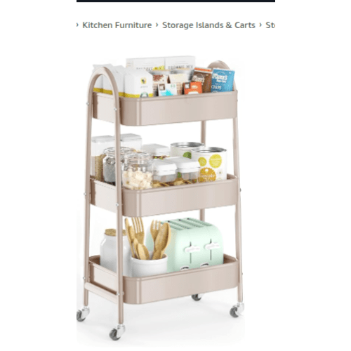 3 Tier Utility Rolling Cart, Metal Storage Cart with Handle and Lockable Wheels, Multifunctional Storage Organizer Trolley with Mesh Baskets for Kitchen, Living Room, Office, Garage (Beige)