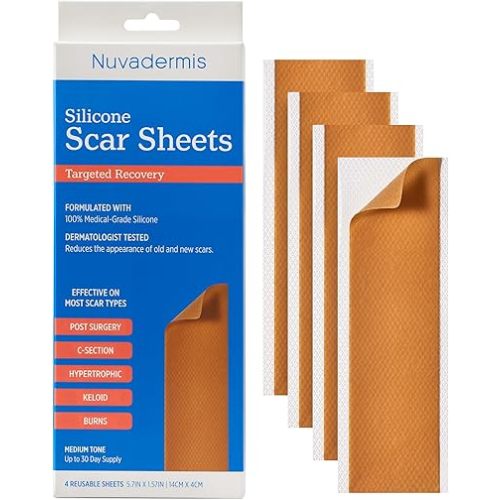 NUVADERMIS Silicone Scar Sheets – Extra Long Medical-Grade Scar Sheets for C-Section, Tummy Tuck, Keloid, and Surgical Scars – Reusable and Effective – Pack of 4 – Medium Tone