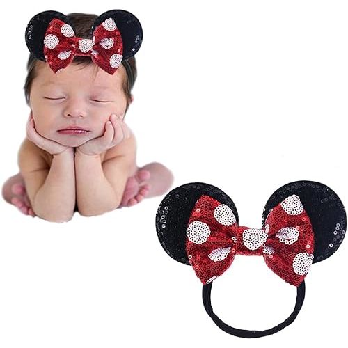 JIAHANG Mouse Ears Sequin Bow Nylon Hairband with Polka Dot, Hair Bow Headband, Soft Elastic Headwear for Baby Girl Newborn Toddler, kids, Party Supplies