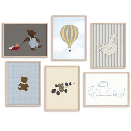 Boy Nursery Wall Art Baby Room Canvas Wall Decor Vintage Adventure Nursery Prints Teddy Bear Boy Poster Toddler Wall Art Blue Pictures Hot Air Balloon Painting for Bedroom 8x10x6 Inch Unframed
