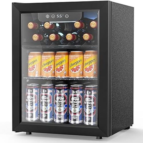 COWSAR Mini Fridge Cooler, 16 Bottle 68 Can Beverage Refrigerator with Glass Door for Wine Beer Soda, Wine Fridge with Touch Control Panel, Wire Shelving for Home Office Bar, 1.7 Cu. Ft